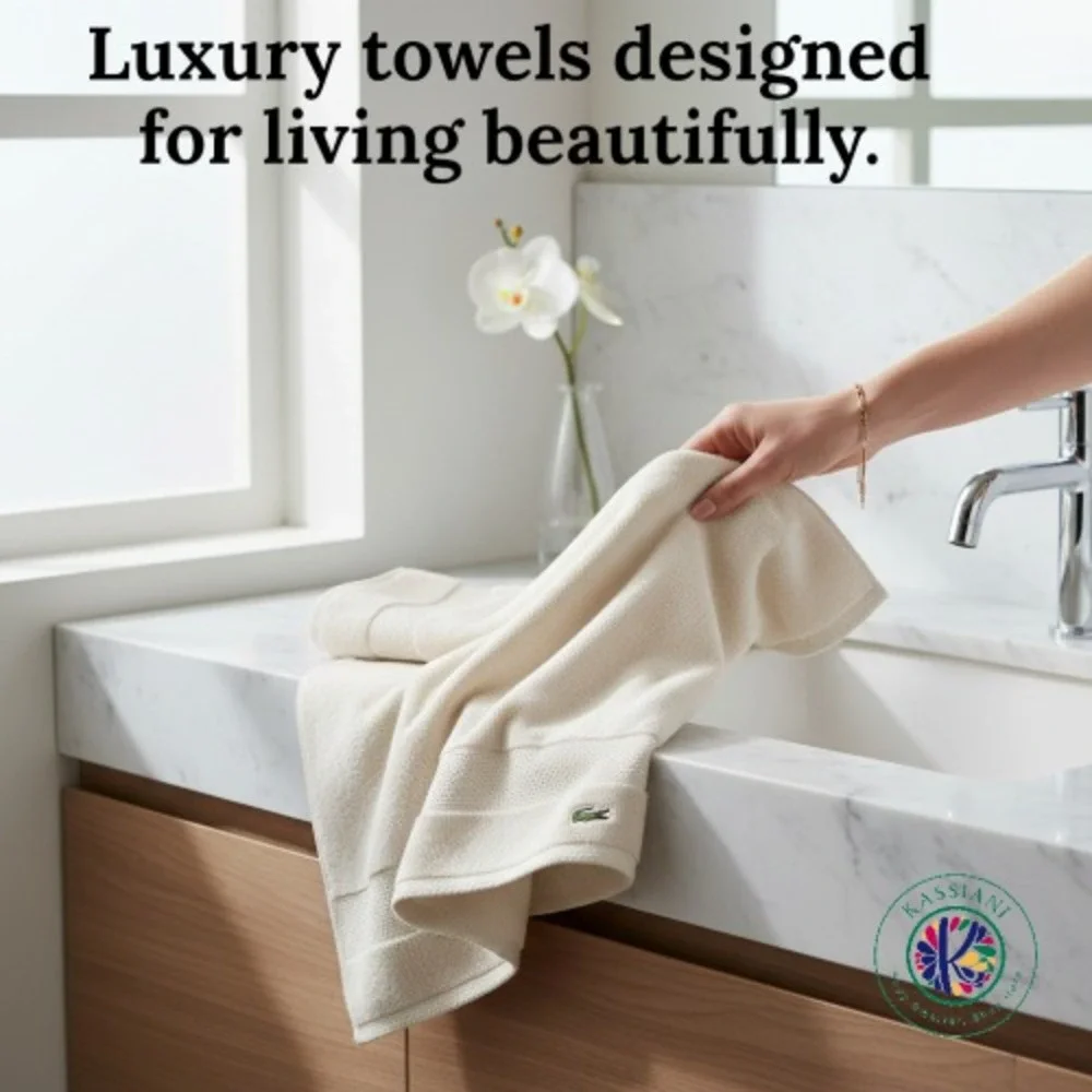 Lacoste Home Supima‎ Cotton Hand Towels, Heritage Chalk, Luxury Set of 2